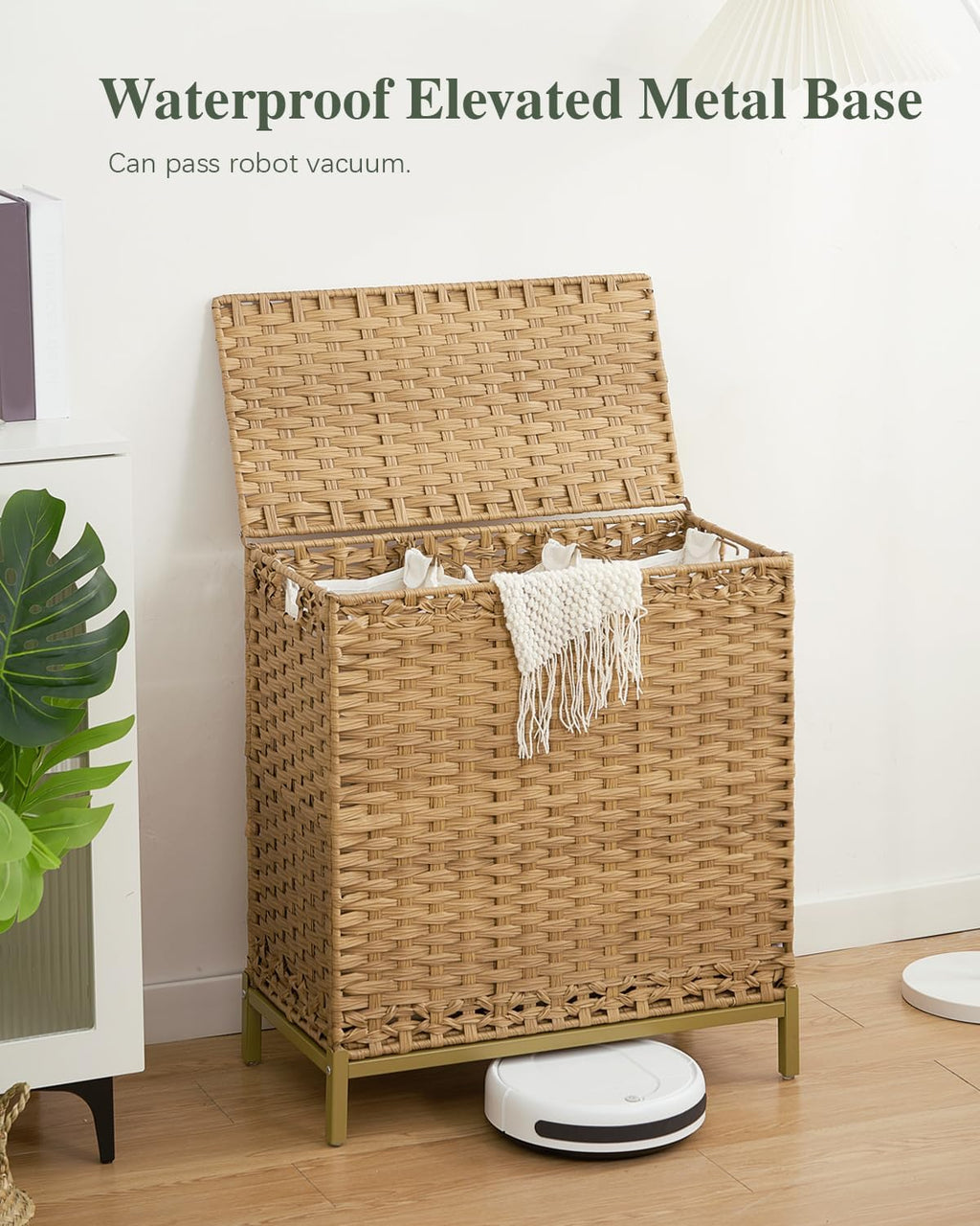 SETVSON Laundry Hamper with Lid, 35 Gal 3-Bag Clothes Sorter, Natural