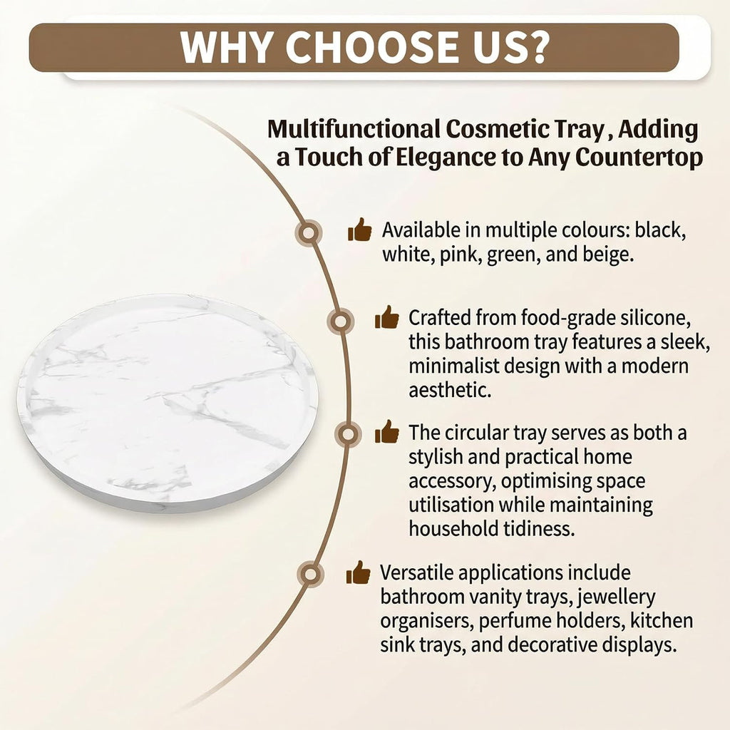 Round Tray Silicone, 10.6 Inch Bathroom Tray Countertop Decor, Vanity Trays for Bathroom Organizers, Waterproof Bathroom Tray for Counter, Decorative Coffee Table Tray-Marble White