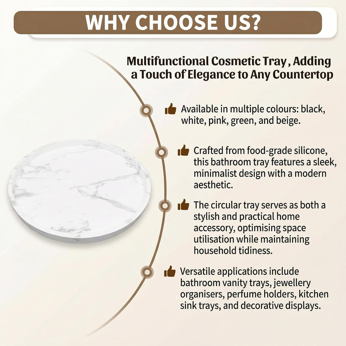 Round Tray Silicone, 10.6 Inch Bathroom Tray Countertop Decor, Vanity Trays for Bathroom Organizers, Waterproof Bathroom Tray for Counter, Decorative Coffee Table Tray-Marble White