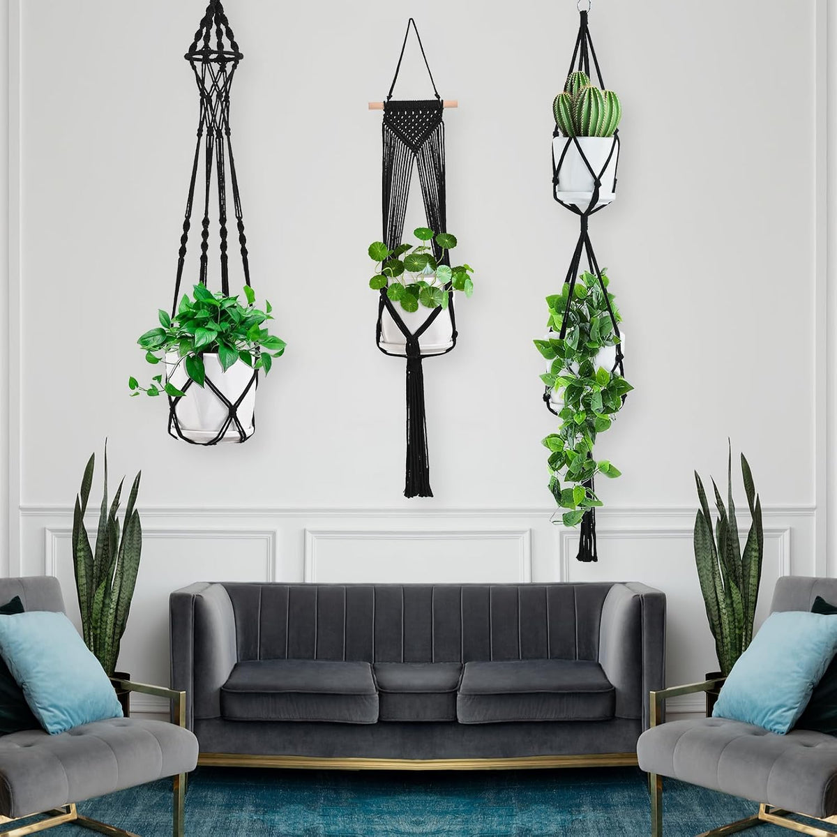 Macrame Plant Hangers, 6Pack Hanging Plant Holders Indoor, Black