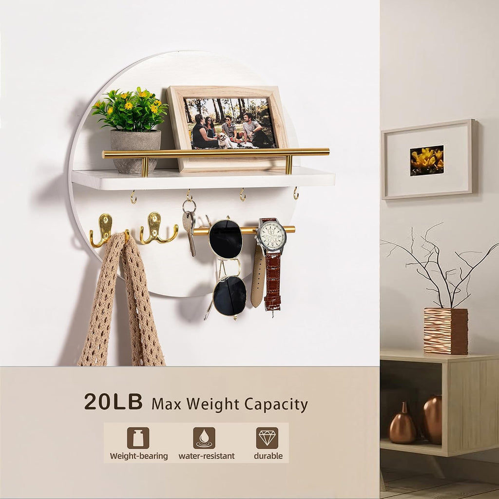 Key Holder Wall Mount with Shelf and Hooks, Mail Organizer for Wall, White