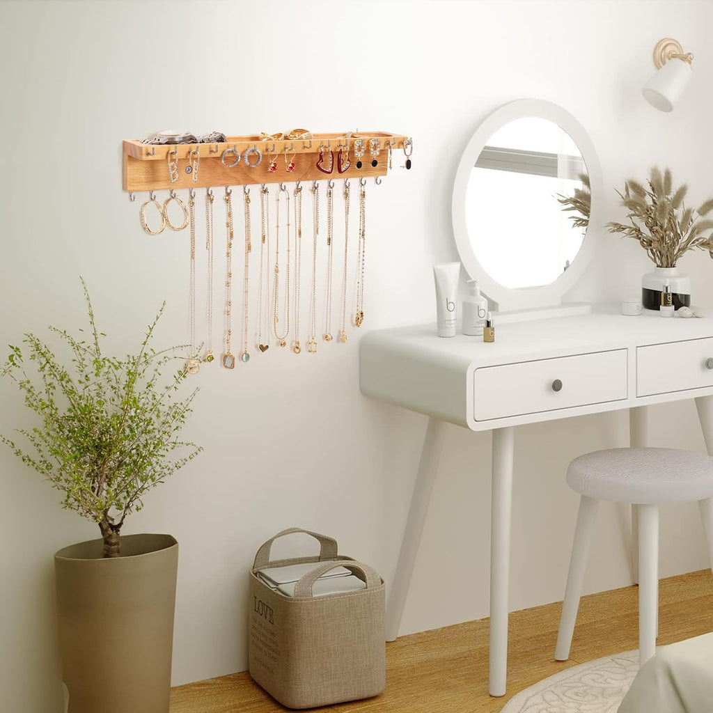 Necklace Holder Wall Mount,Jewelry Organizer with 30 Hooks,Natural Wood