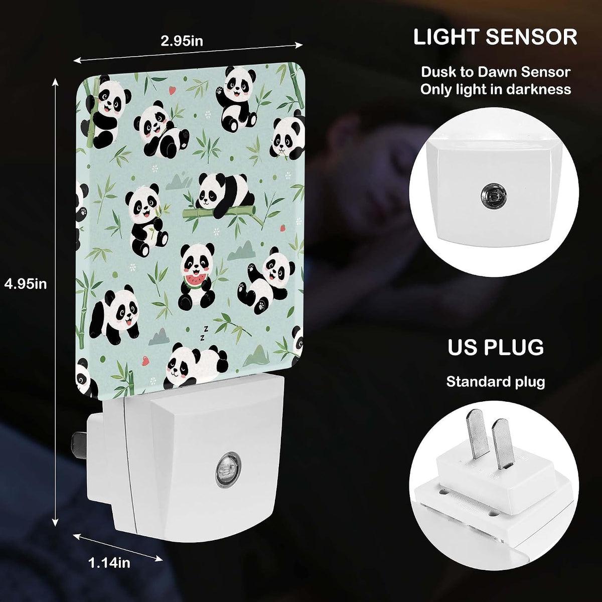 LED Night Light Lamp with Smart Sensor Dusk to Dawn Sensor,Texture with Funny Little Pandas Have Fun Night Light Daylight White,0.5W Plug-into Wall for Adults,Bedroom,Bathroom,Hallway,Kitchen