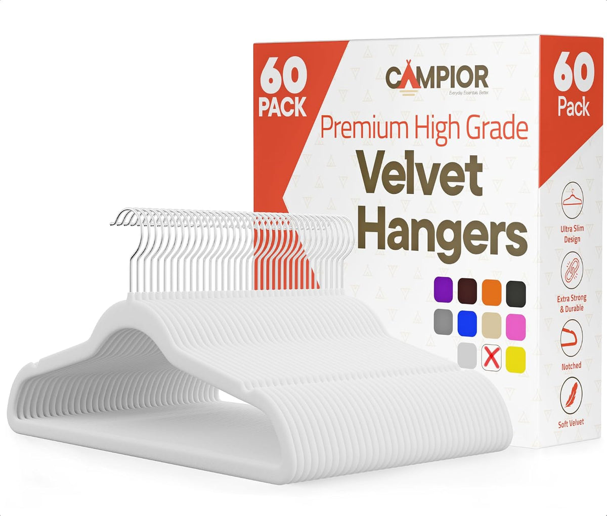White Velvet Hangers 60 Pack – 360° Swivel Hook, Non-Slip and Space Saving Hangers, Heavy-Duty 11 lbs Weight Capacity - Smooth Velvet Finish for Crease-Free Clothes and Effortless Closet Organization