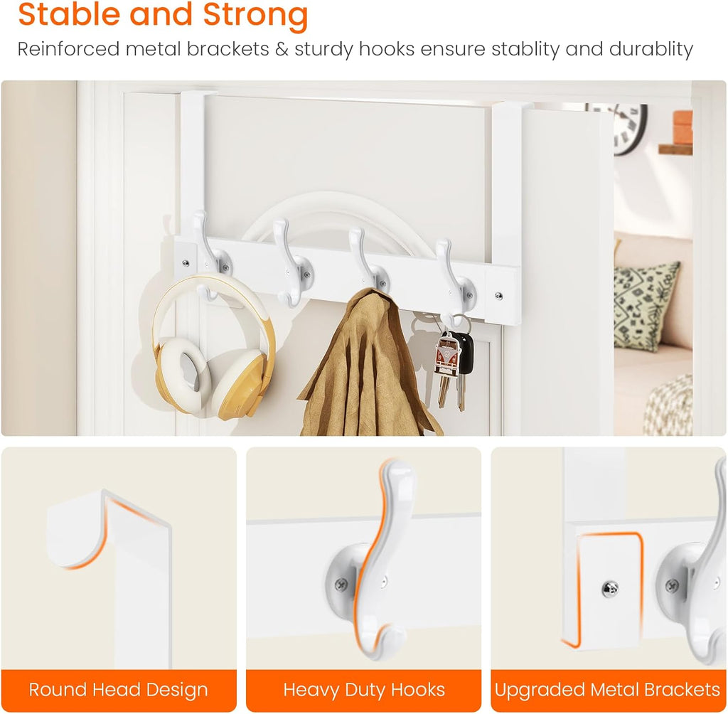 Homode Over The Door Hooks Heavy Duty, Wood Over Door Hanger Hook, Over Door Towel Rack with Coat Hooks for Hanging Towels Clothes Hats Bags, Back of Bathroom Door, White