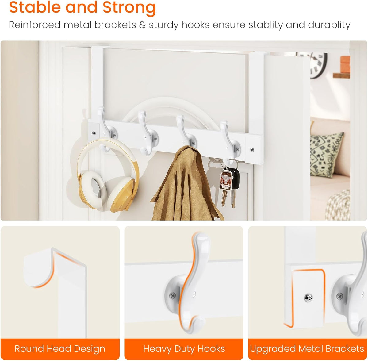 Homode Over The Door Hooks Heavy Duty, Wood Over Door Hanger Hook, Over Door Towel Rack with Coat Hooks for Hanging Towels Clothes Hats Bags, Back of Bathroom Door, White