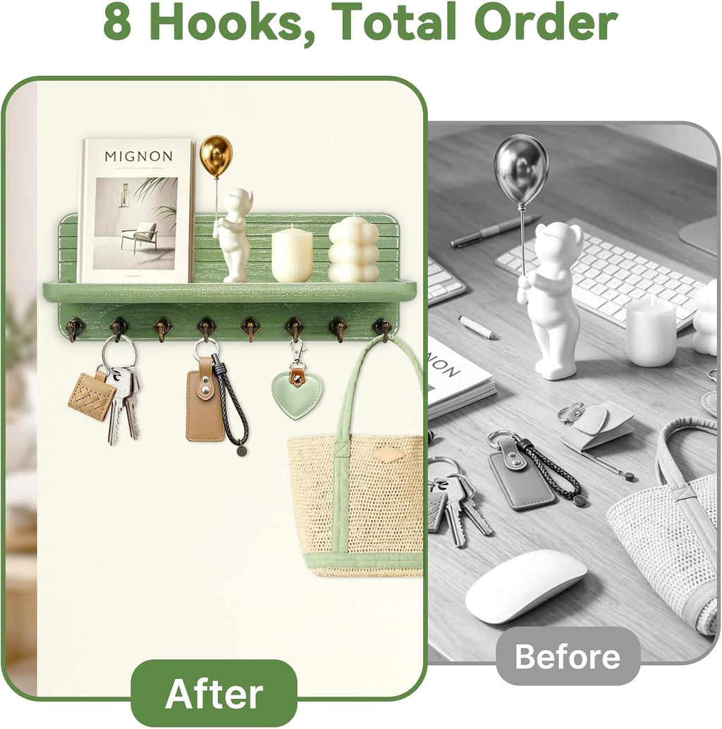 Key Holder for Wall, Mail Organizer Wall Mount with 8 Hooks Wooden Hanging Key Rack for Home Decor, Hallway, Entryway (Dark Green)
