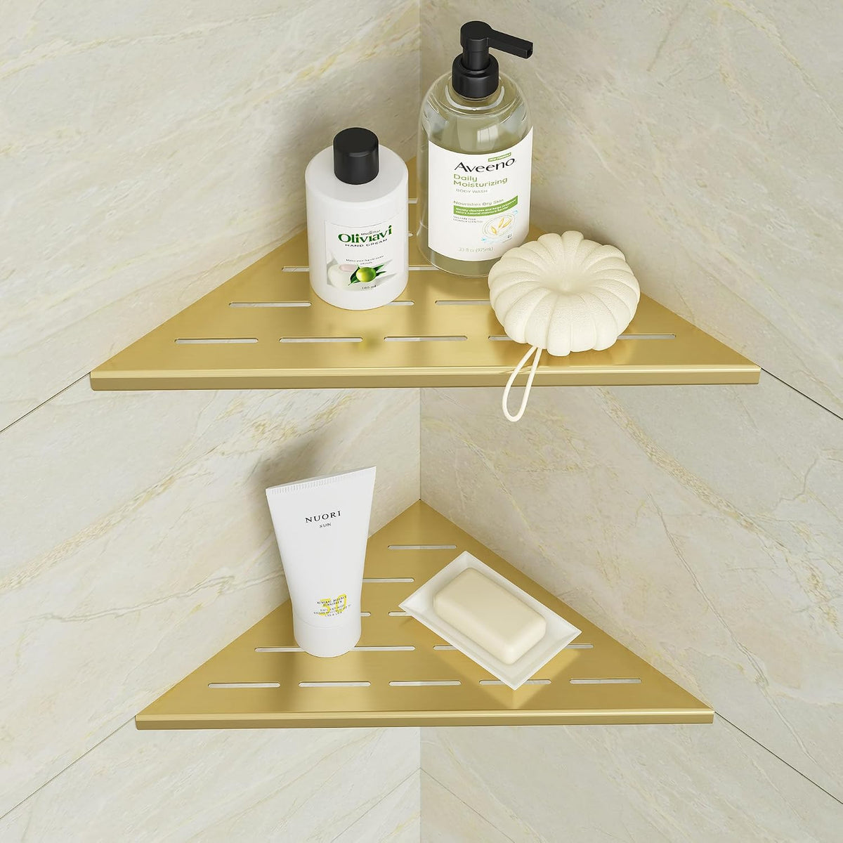 Neodrain 10 Inch Golden Corner Wall Shelf for Tile Wall Insert, Set of 2