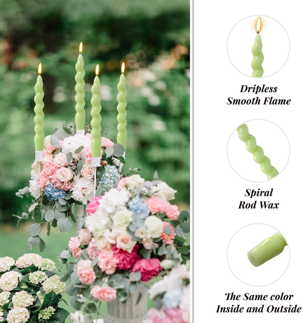 4 Pack 7 Inch Sage-Green Spiral Taper Candles, Unscented Dripless Fat Twisted Candlesticks for Home Décor Party and Celebrations