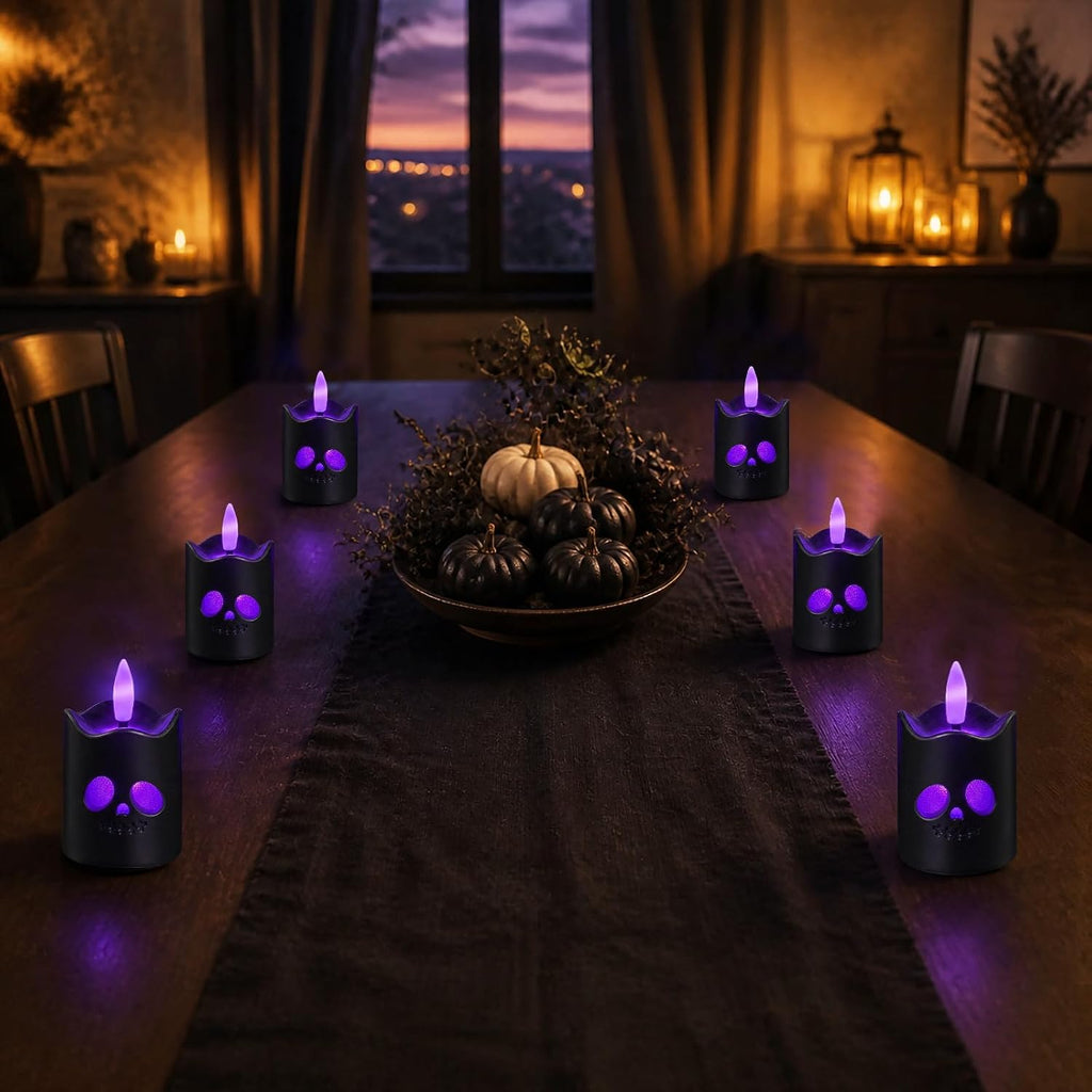 Black Halloween Flameless Votive Candles with Remote, Purple Glow, 6 Pack