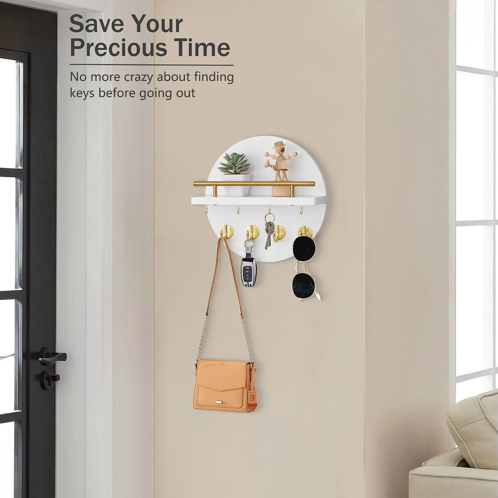 10.2" Key Holder Wall Mount with Shelf & Mail Organizer, 8 Hooks White
