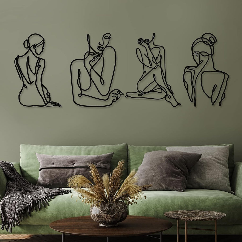 Photect 4 Pieces Metal Wall Art Decor Black Single Line Art Drawing Minimalist Abstract Female Woman Wall Sculptures Hanging Decor Accents for Bathroom Living Room(Classic)