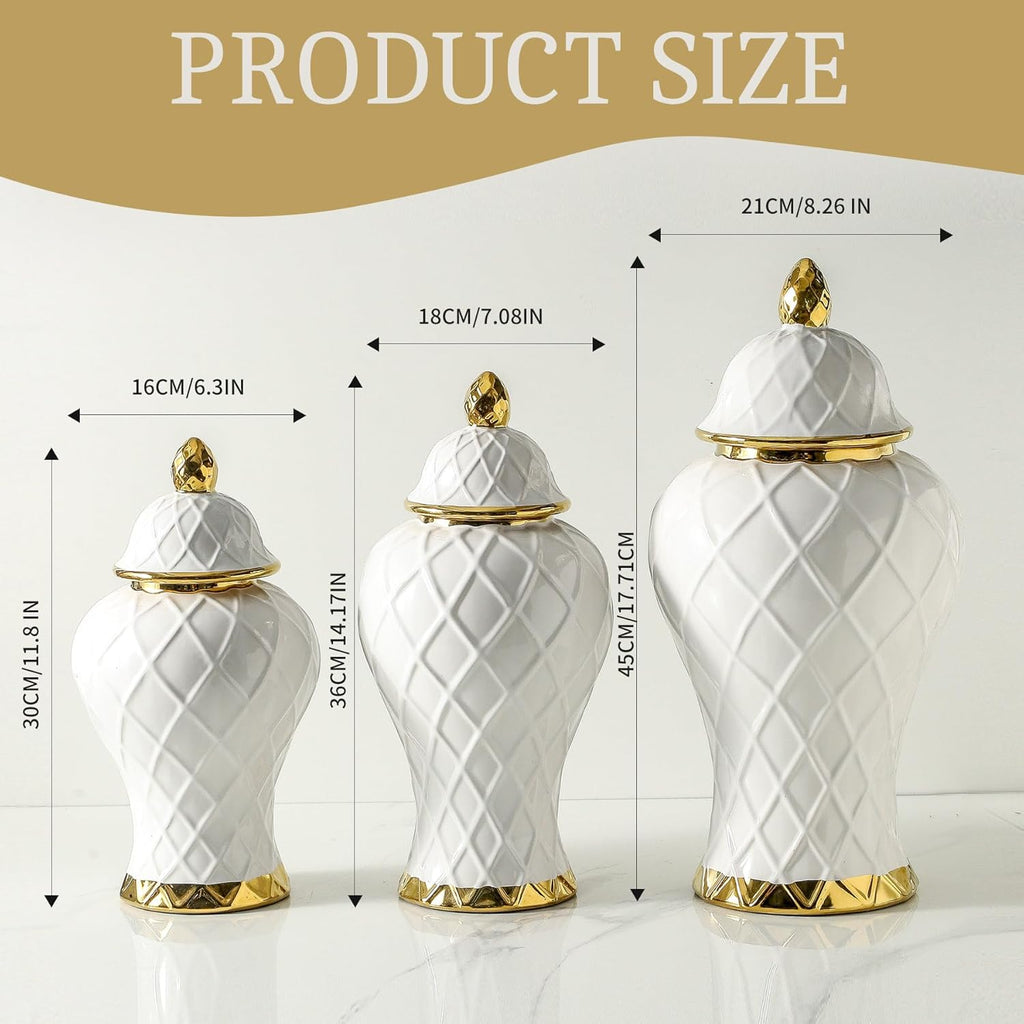 Ginger Jars for Home Decor, White and Gold Vase, Decorative Ceramic Ginger jar with lid, Porcelain Flower Vase for Centerpieces Jarrones, Storage jar, Table Center Vase, Temple Jar(12in)