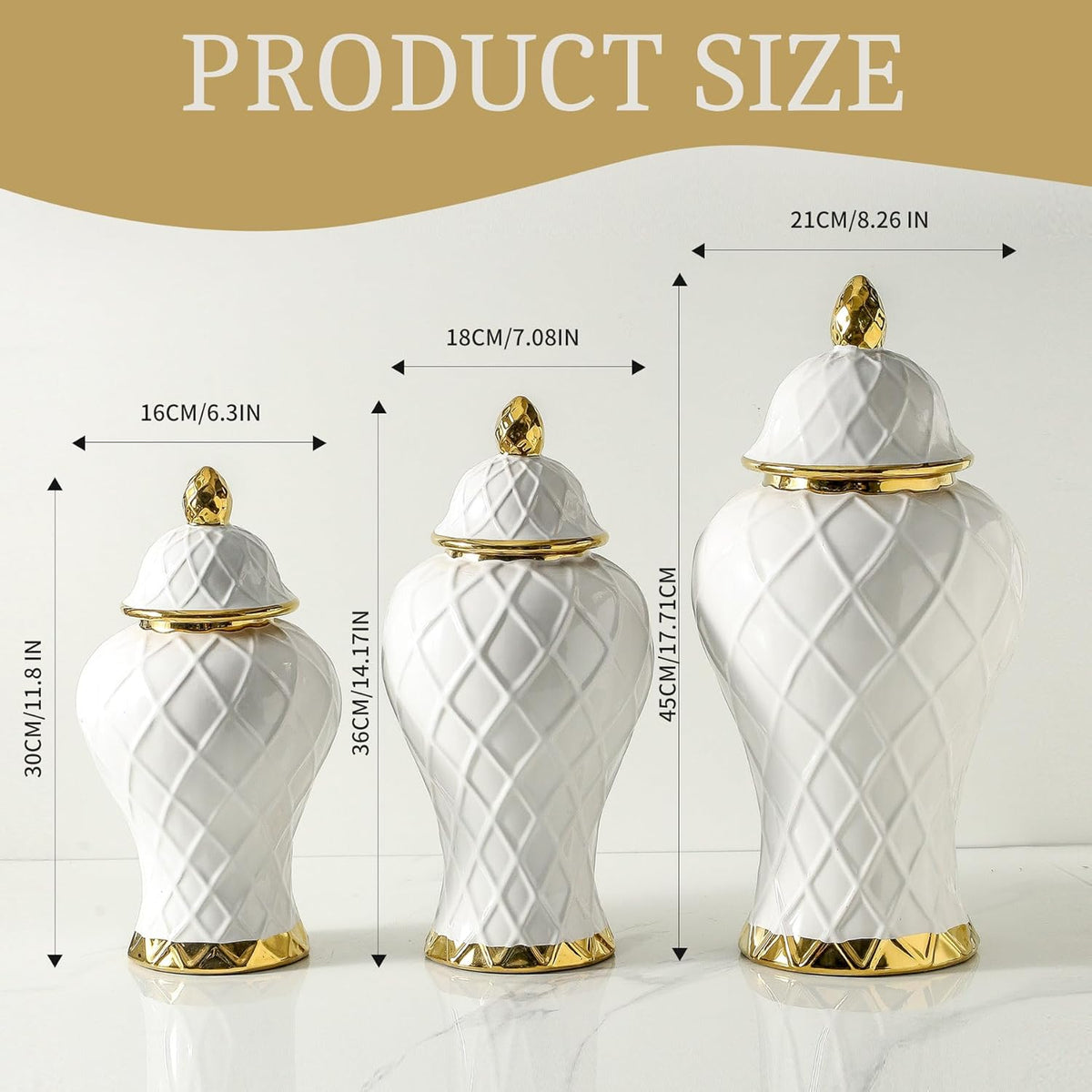Ginger Jars for Home Decor, White and Gold Vase, Decorative Ceramic Ginger jar with lid, Porcelain Flower Vase for Centerpieces Jarrones, Storage jar, Table Center Vase, Temple Jar(12in)