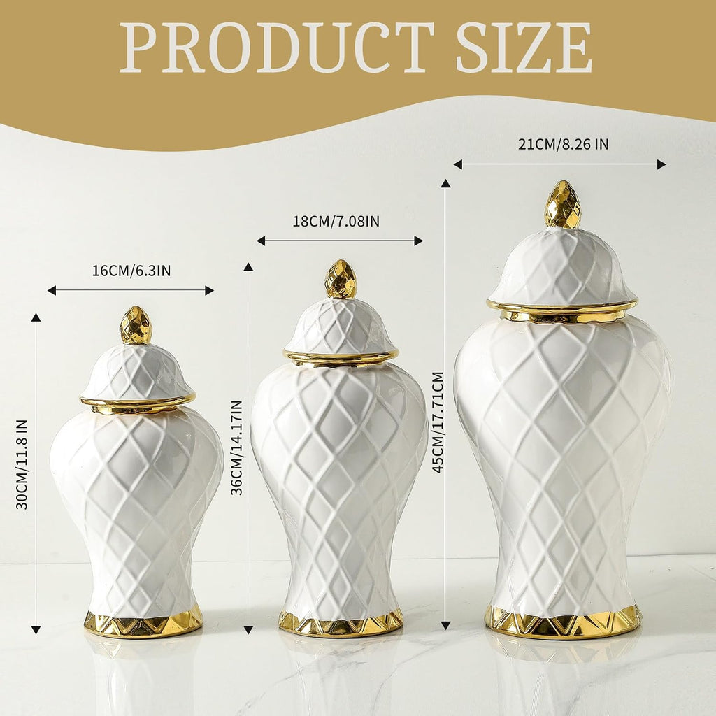 Ginger Jars for Home Decor, White and Gold Vase, Decorative Ceramic Ginger jar with lid, Porcelain Flower Vase for Centerpieces Jarrones, Storage jar, Table Center Vase, Temple Jar(14in)