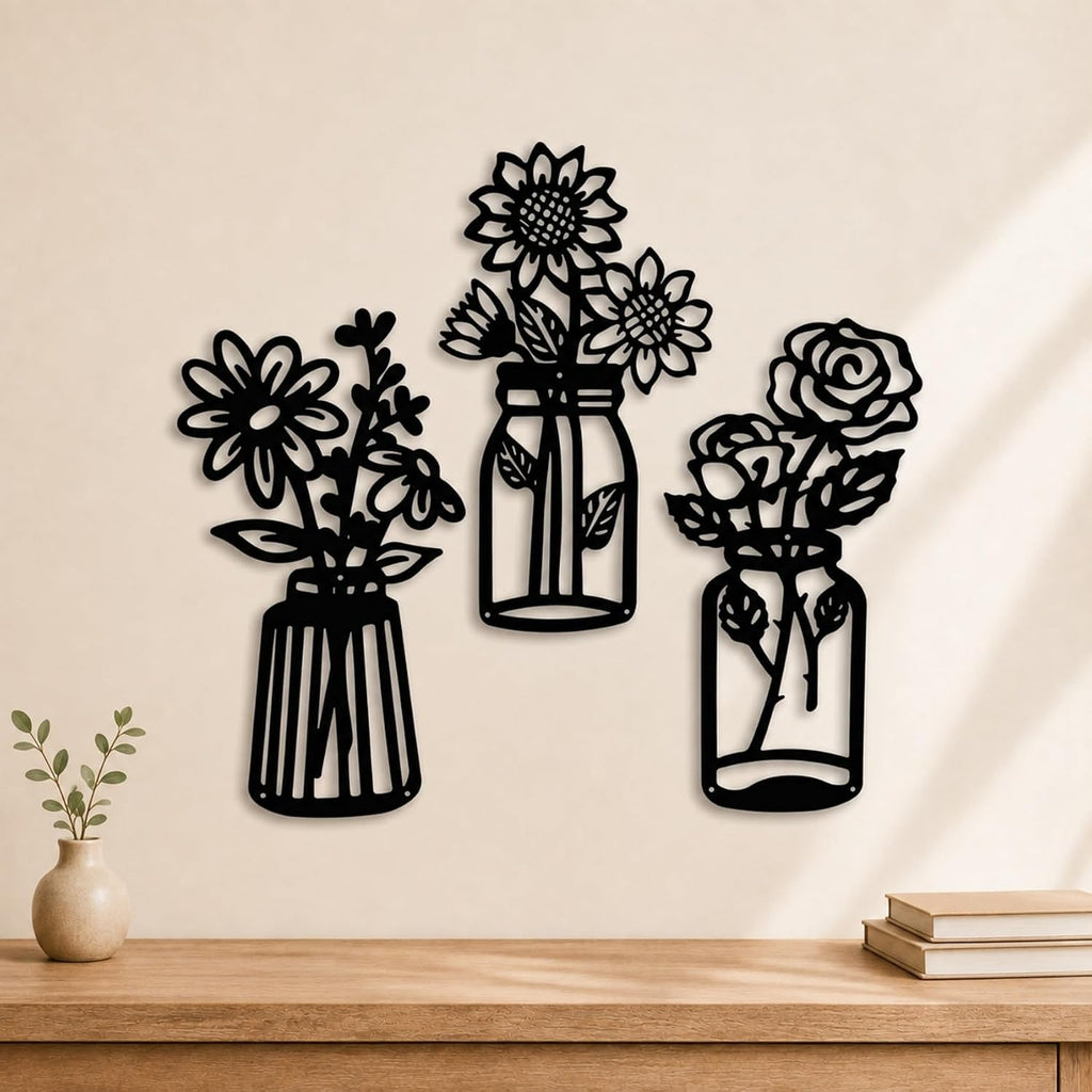 qzmaikoo 3 Pieces Sunflower Roses Daisy Black Metal Flowers Wall Decor Metal Vase Wall Art Metal Wall Sculptures Hanging for Indoor Kitchen Bathroom Bedroom living room,14.56x7.87 inches