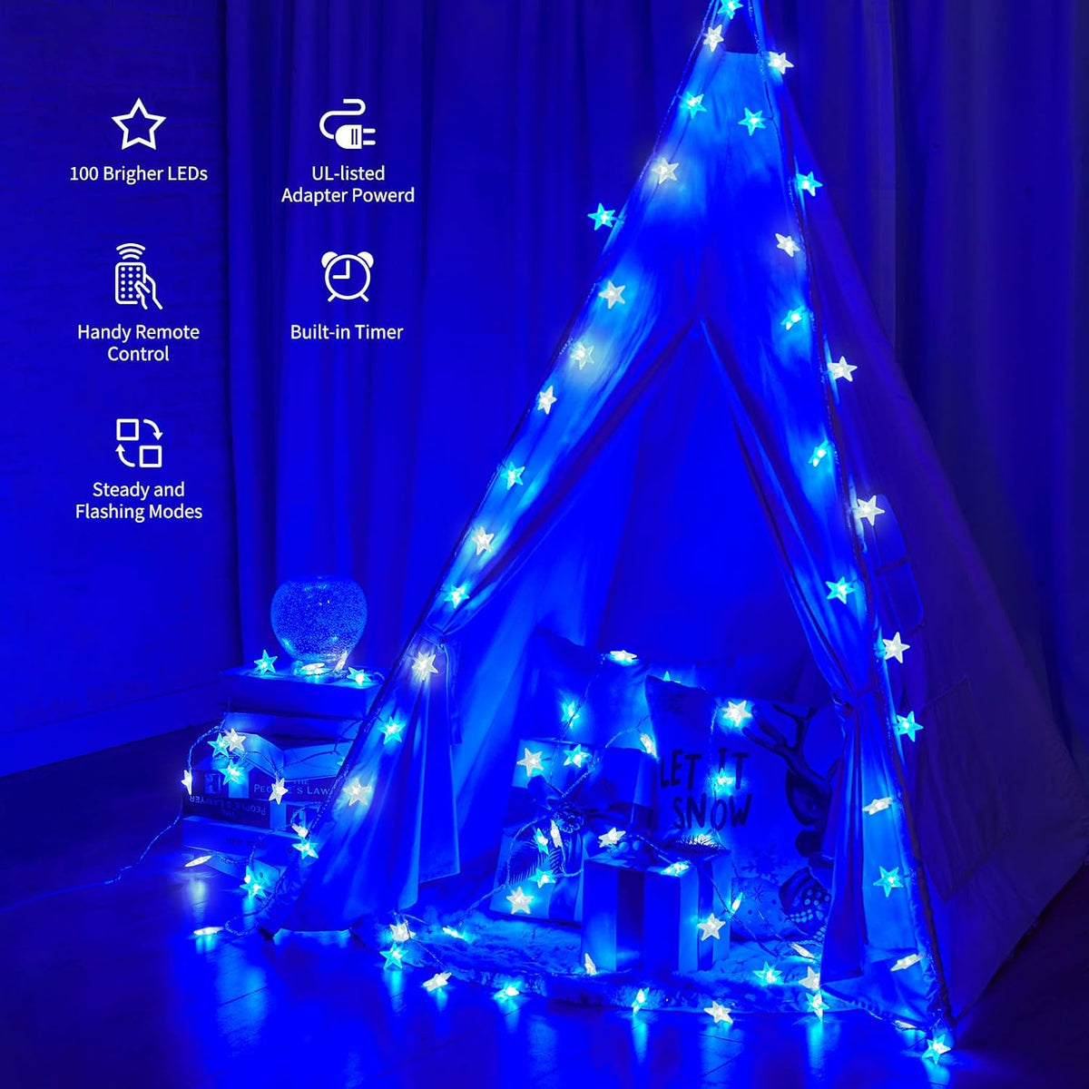 Star String Lights Plug in - 33 ft 100 LED Star Fairy String Lights with Remote and Timer, 8 Modes Waterproof for Bedroom Tent Loft Bed Window Backyard Patio Porch Balcony Staircase Party, Blue