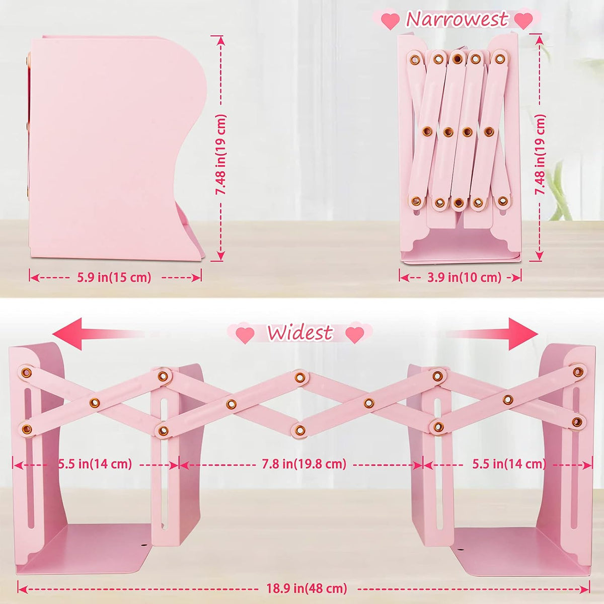 Non Skid Book Ends to Hold Books, Carooyac Heavy Duty Bookends Adjustable Book End, Metal Bookends for Shelves, Pink Book Holders Organizer for Bookshelf Desk - Extends up to 19"