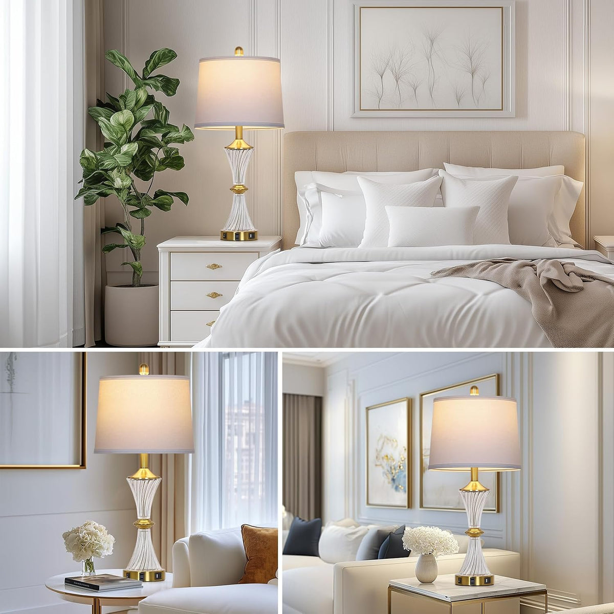 Rinweey Crystal Glass Table Lamp with USB C+A Ports & AC Outlet,Modern Bedroom Lamps,Gold Lamp for Night Stands Bedroom Living Room,Nightstand Lamp LED Bulbs Included,Single Gold
