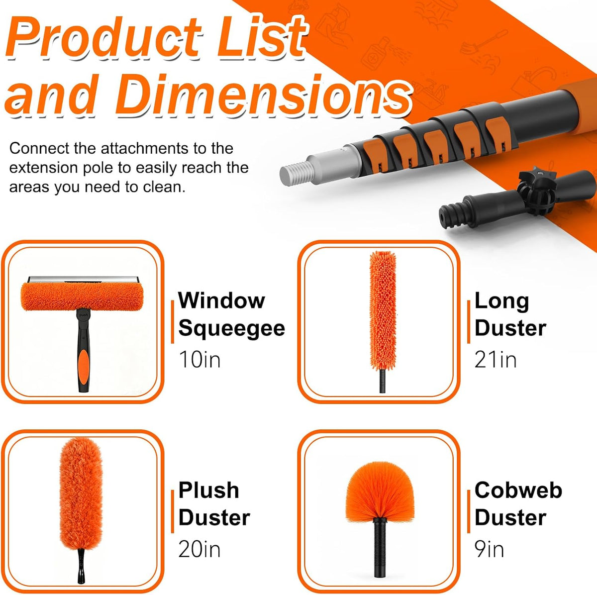 SISUPASSIE 30FT Reach High Ceiling Duster Kit, Window Cleaning kit with 5-24FT Extension Pole, Fan Duster for Ceiling Fan Blades, Microfiber Feather Duster, Rotatable Window Squeegee and Cobweb Duster