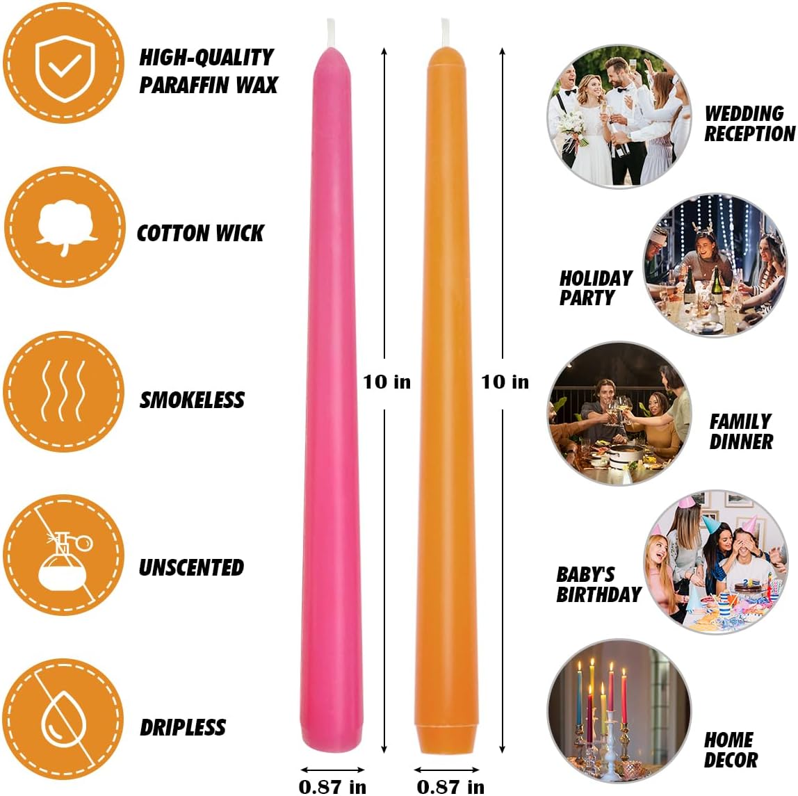 6 Orange 6 Hot Pink 10 Inch Taper Candles for Halloween Home Decor