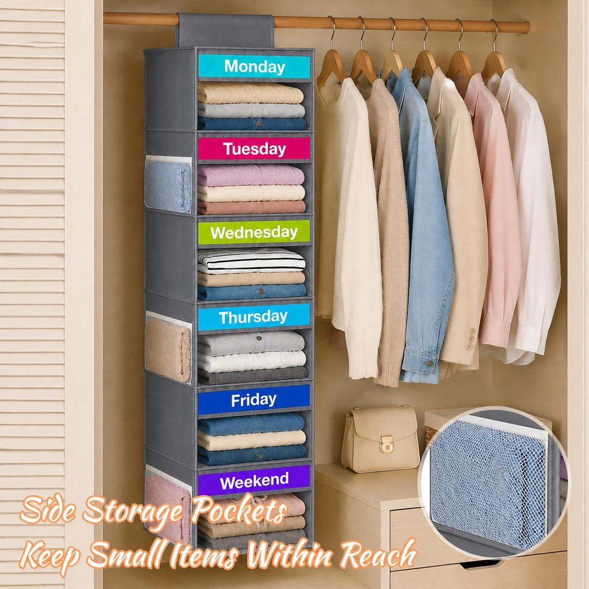 Weekly Clothes Organizer for Closet, 6-Shelf Hanging Closet Organizer with 6 Side Pockets(Grey)