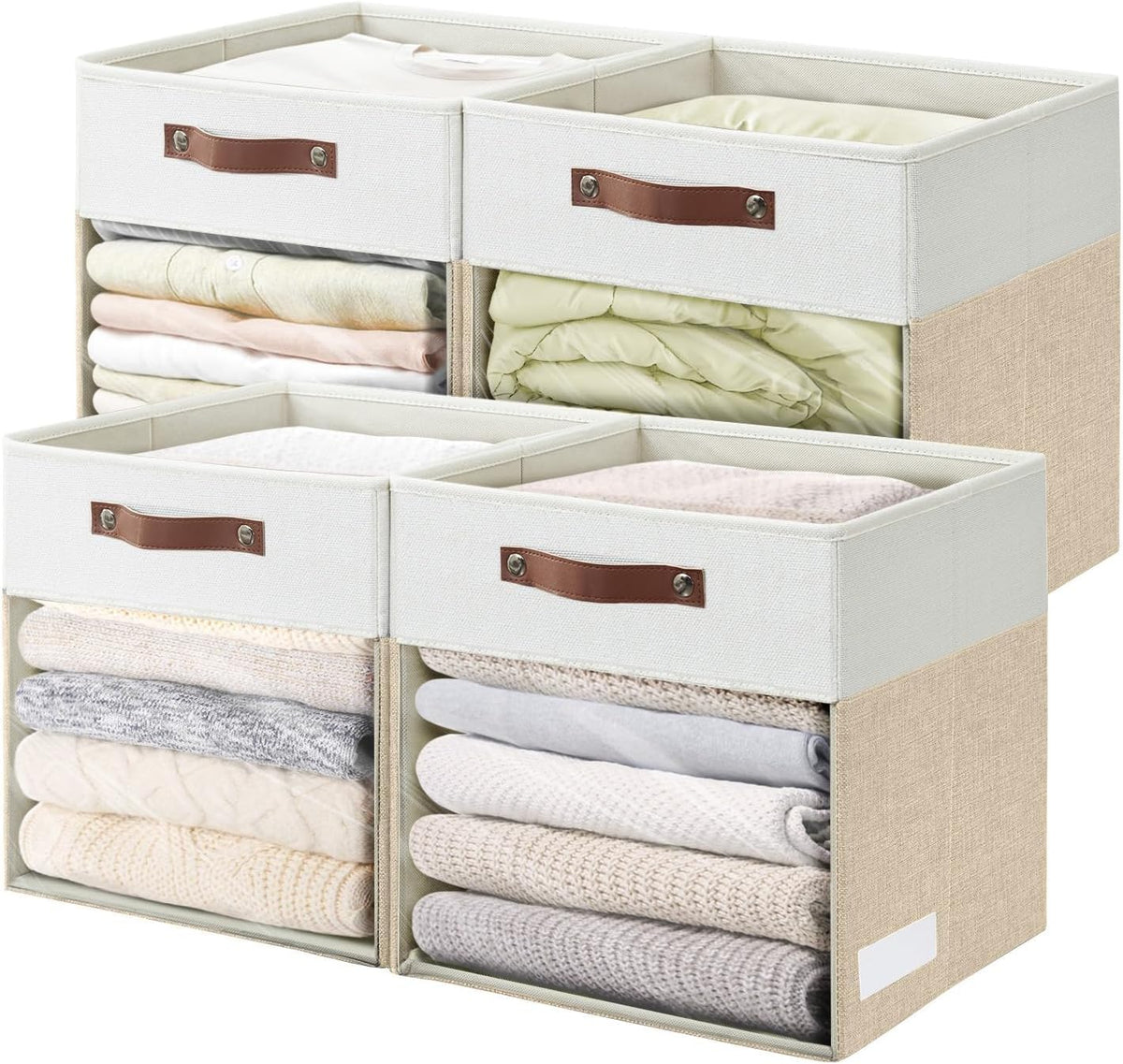 Bagnizer Storage Cubes, 4 Pack Linen Foldable Storage Bins with Clear Window and 2 Handles, 13x15x13 Storage Cube Bins for Shelf Closet, Kallax, Clothes, Books - (Beige / Off-White)