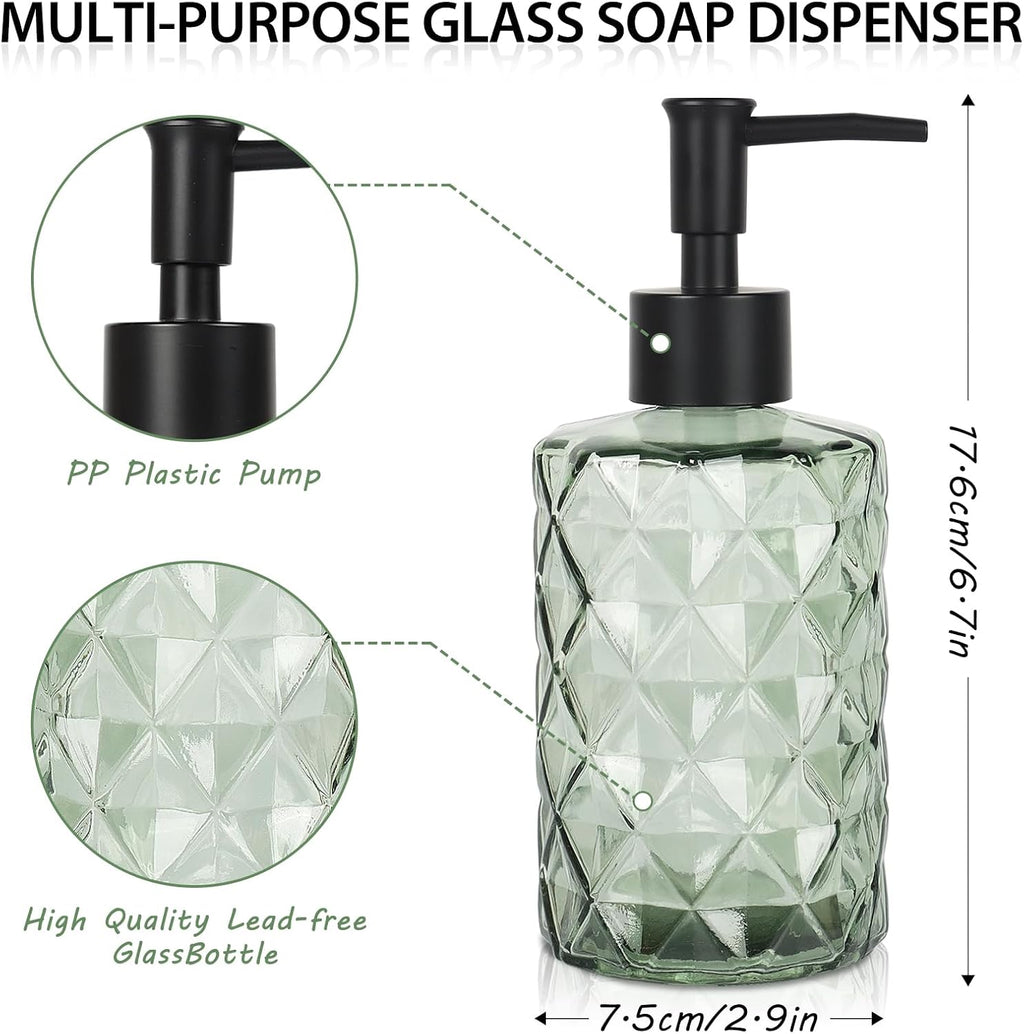 Green Glass Soap Dispenser Set for Bathroom, 11oz. Glass Soap Bottles with Plastic Pump, Kitchen Dish Soap Dispenser Set, Hand-Pump Dispenser for Shampoo, Lotion, Essential Oil (4Pcs)