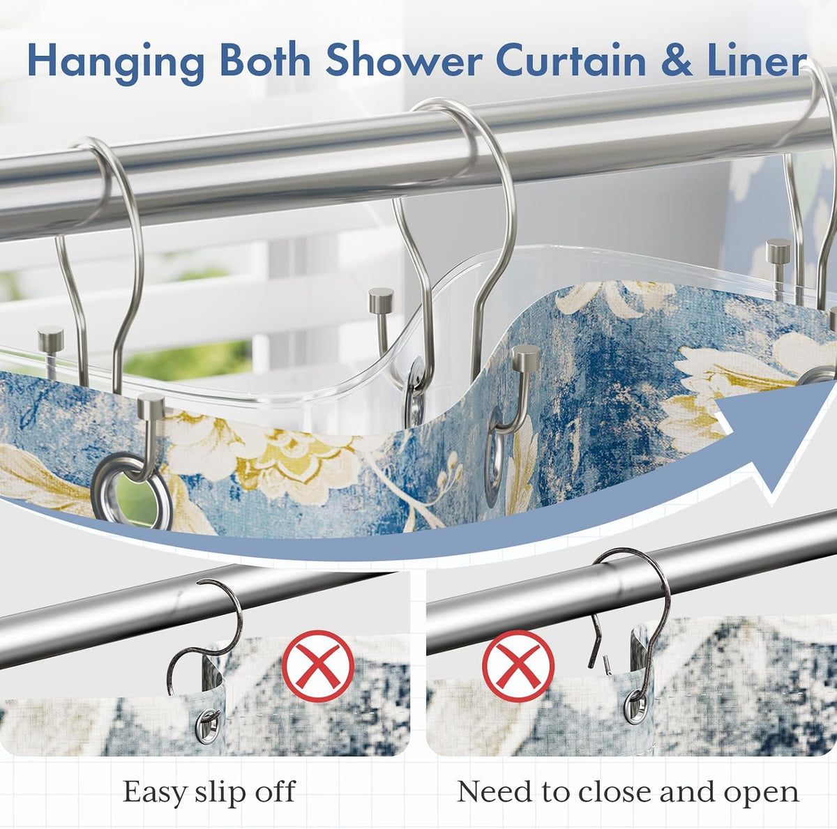 Bathway Shower Curtain Hooks Nickel Shower Curtain Rings with Cylinder, Shower Curtain Hangers 12Pcs Metal Double Shower Curtain Hooks Rust Proof, Smooth Shower Hooks Rings for Shower Curtain