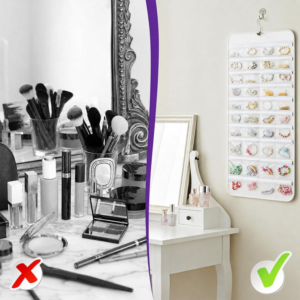 2 Pack Hanging Jewelry Organizer with 80 Zippered Pockets (White)