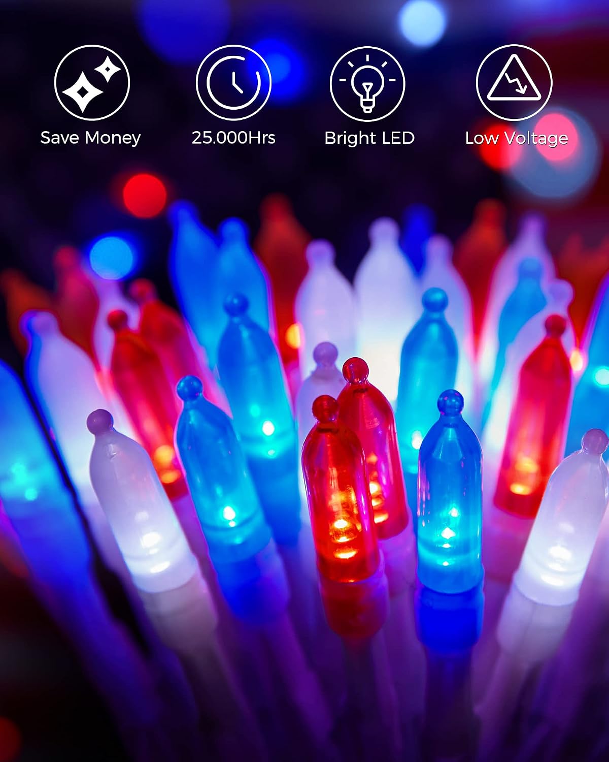 Red White Blue Battery Operated Mini String Lights 2 Pack 18 Feet 50 LED