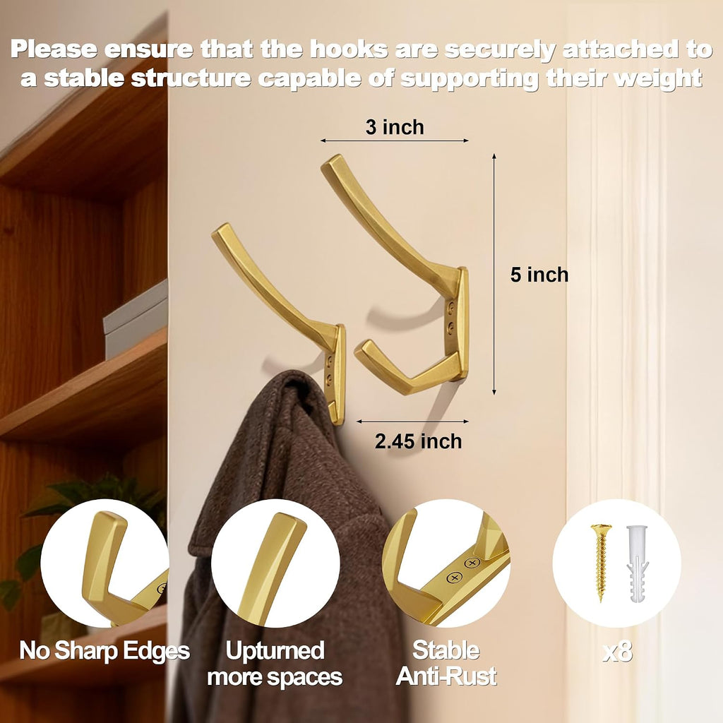 Heavy Duty Wall Hooks, 5 Inch Large Wall Mount Hooks for Hanging Heavy Backpacks, School Bags, Winter Coat, Handbags, Purses in Entryway, Hallway, Garage, Bathroom, Laundry (6, Gold)