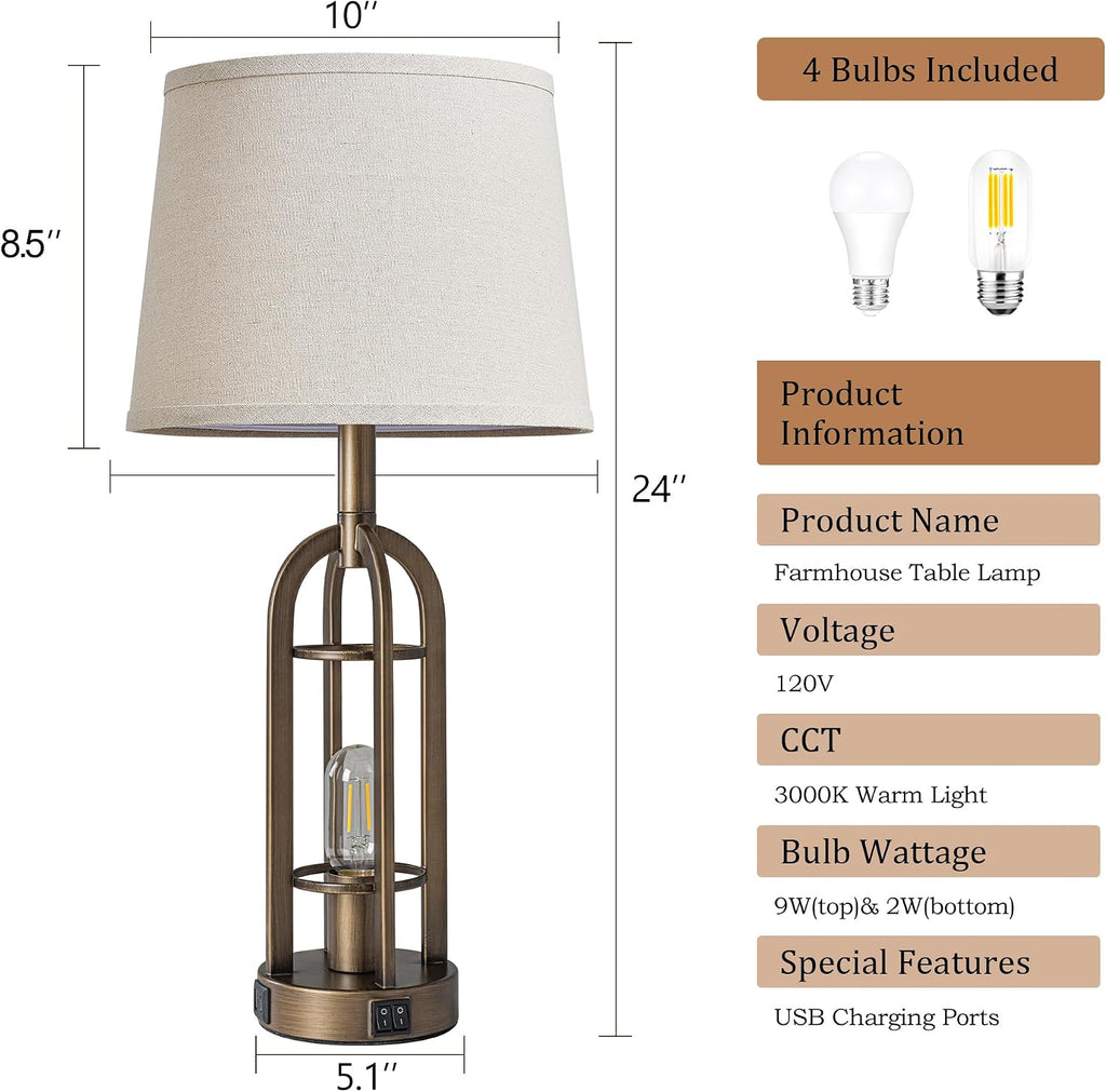 SRJJA 24" Farmhouse Table Lamps for Living Room Bedroom Set of 2, USB A+C