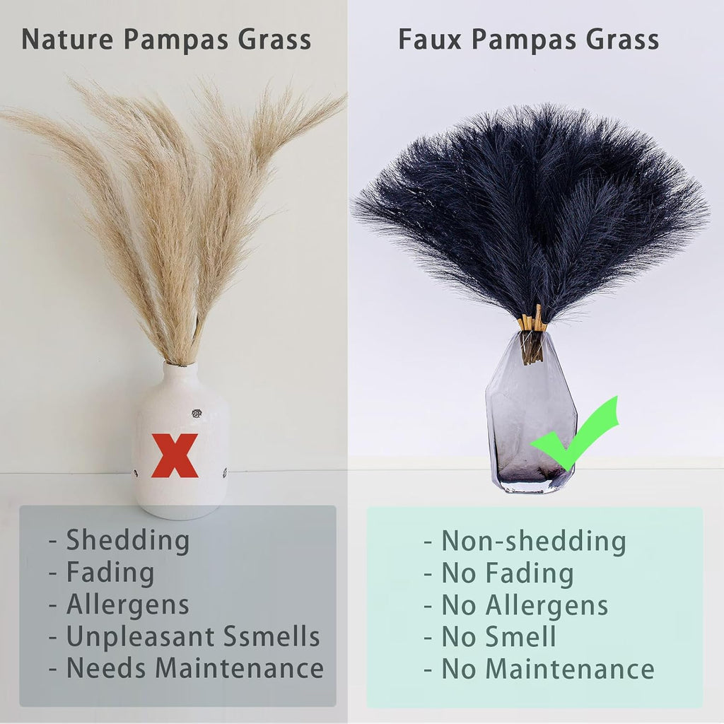 Faux Pampas Grass Decor - Artificial Pampas Grass, Black & Beige, 10 Count, Indoor, 17 Inch/45 Cm, Fluffy Pompas Floral Arrangement