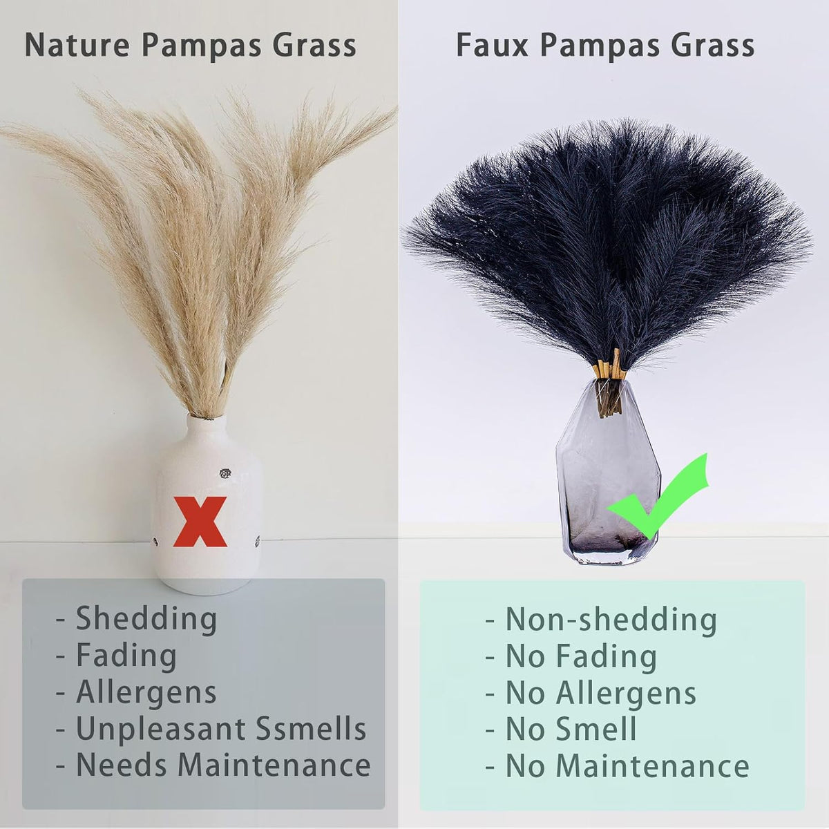 Faux Pampas Grass Decor - Artificial Pampas Grass, Black & Beige, 10 Count, Indoor, 17 Inch/45 Cm, Fluffy Pompas Floral Arrangement