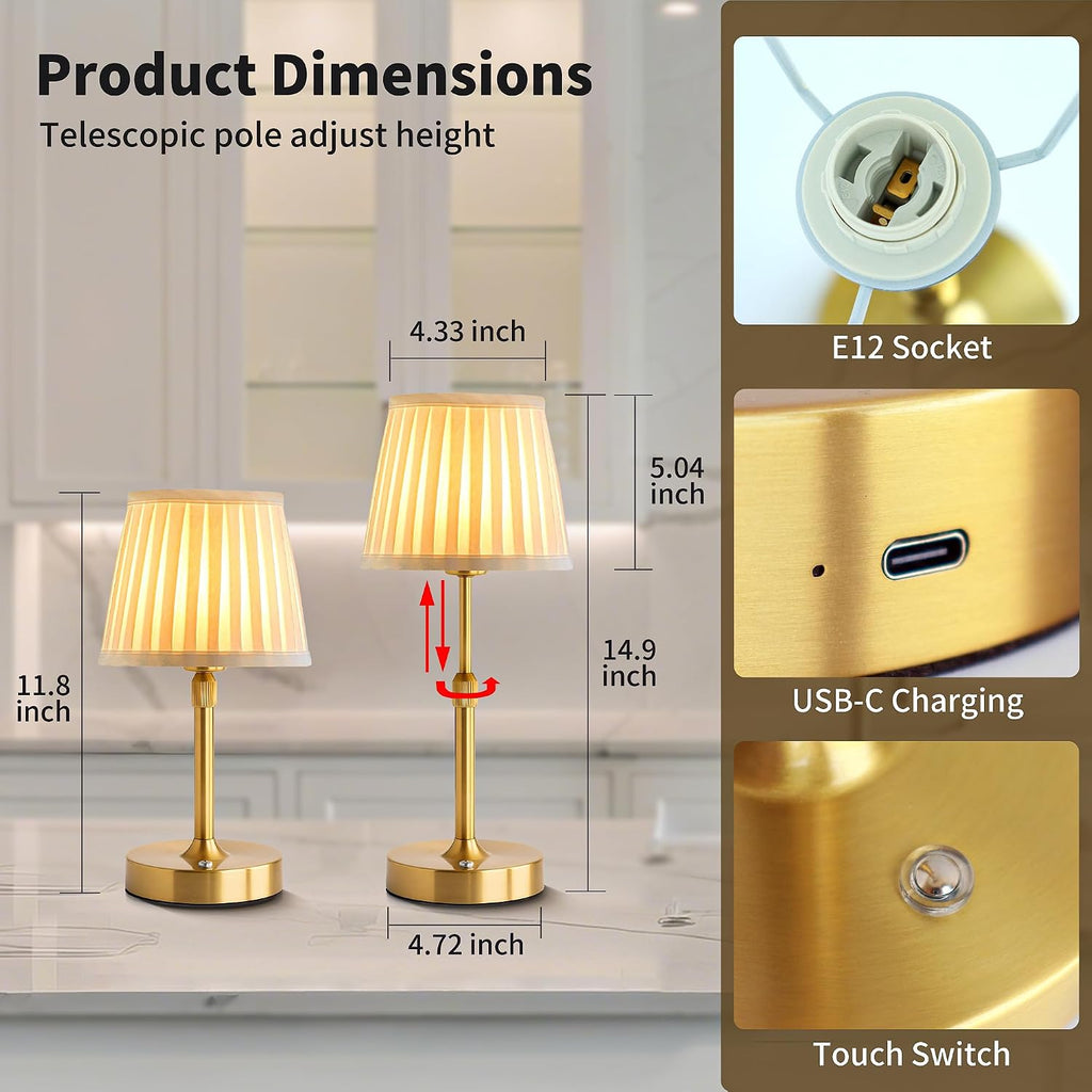 Cordless Rechargeable LED Table Lamp with Telescopic Pole, 5200mAh Touch Control 3-Level Brightness Battery Powered Table Light, for Kitchen Patio Restaurant (Gold)