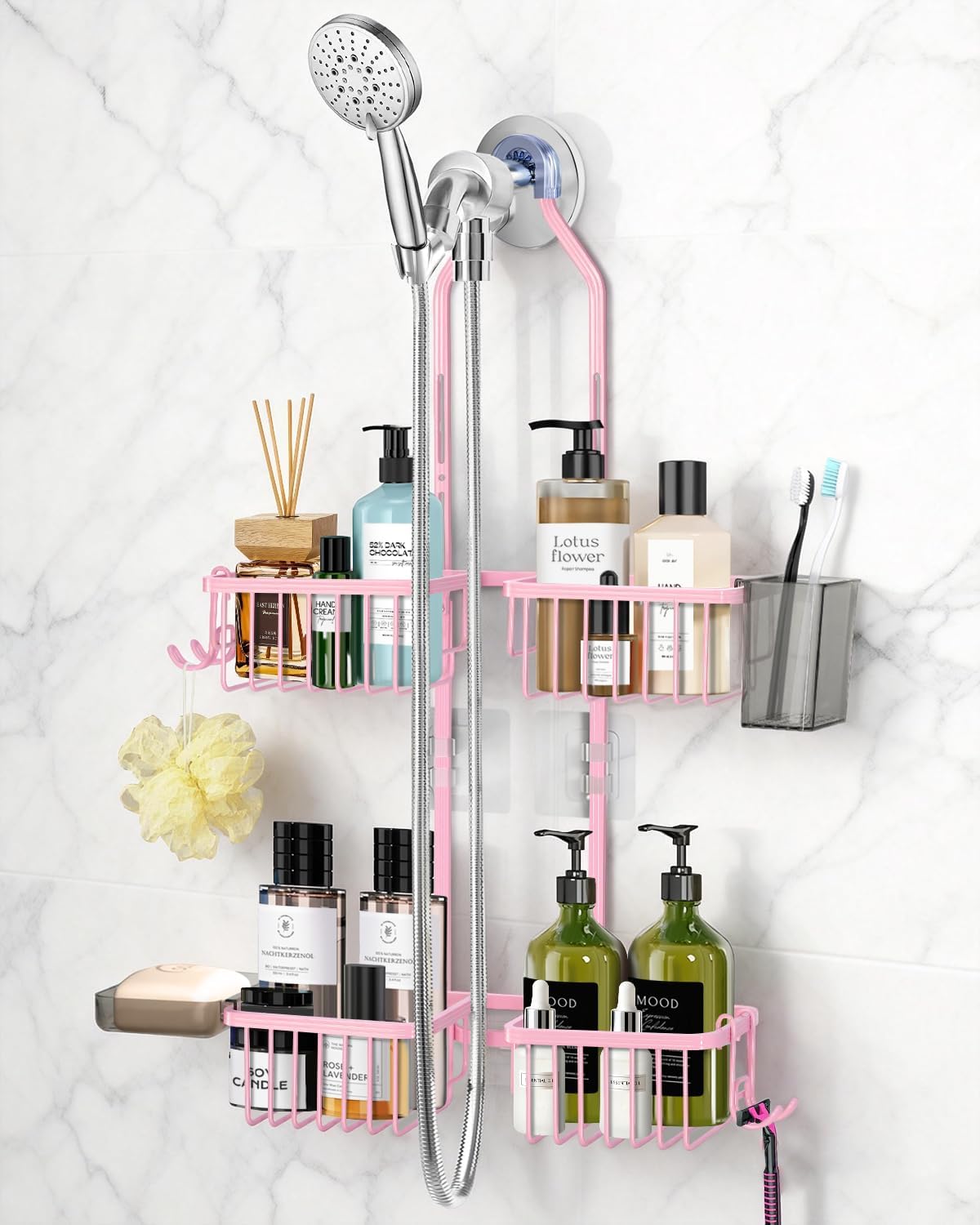 Adjustable Shower Caddy Hanging for Handheld Showerheads - Never Rust Shower Hanging Organizer, Upgraded Bathroom Shower Rack with Soap Basket, Hooks and Toothbrush Holder (Pink)