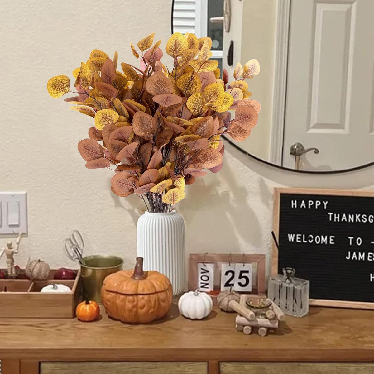 6 Pcs Fall Artificial Eucalyptus Stems Fall Decorations with Eucalyptus Leaf Branches for Indoor Home Autumn Festival Thanksgiving Decor(Mixed Dark Brown and Light Brown)