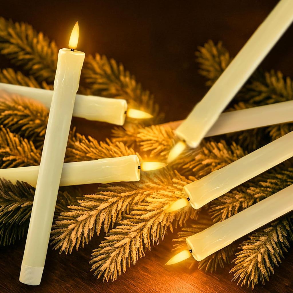 Homemory 9.6 Inches Waxy Flameless Taper Candles with Remote Timer Dimmer, Flickering LED Candlesticks, Battery Operated Window Candle for Christmas Wedding Decor, 6 Pcs Ivory Drip Taper Candles