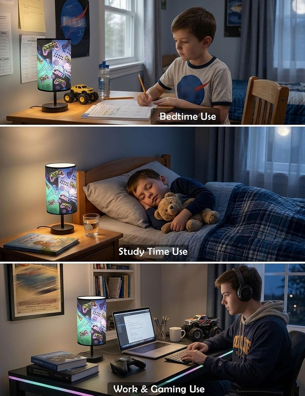 Gamer Room Decor for Boys, Gaming Lamp 3 Colors Nightstand Light, Round Base Flaxen Fabric Desk Lamp for Kids Room, Gaming Lamp Gift for Boys with LED Bulb Included