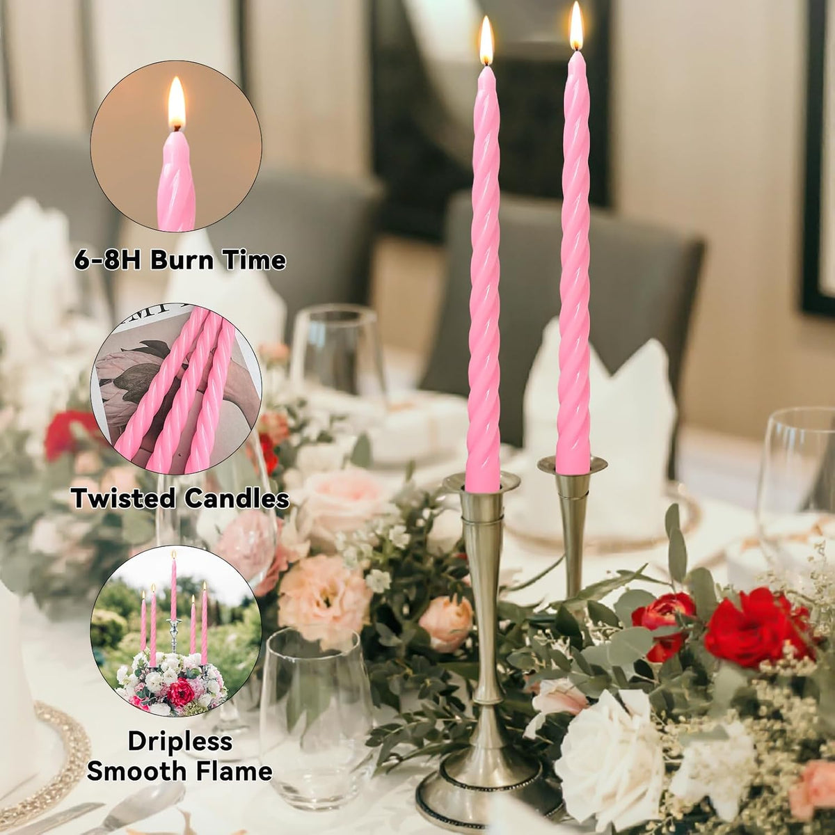 12 Pack 10 x 0.87 Inch Pink Twisted Spiral Taper Candle Set