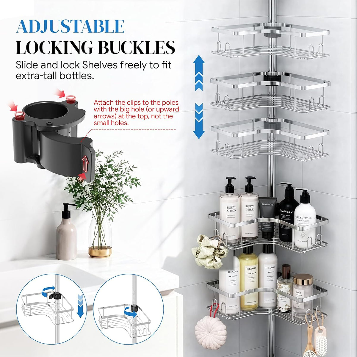 REINHARDT Corner Shower Caddy Tension Pole 4Tier Rustproof Organizer-Silver