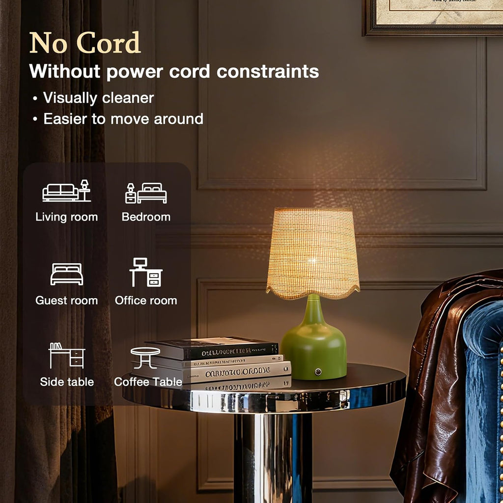 Cordless Boho Table Lamp Green, Scalloped Wicker Shade, 5200-mAh Rechargeable Battery, 3-Way Dimmable, Build-in Integrated LED 320 Lumen Max, for Bedside Living Room
