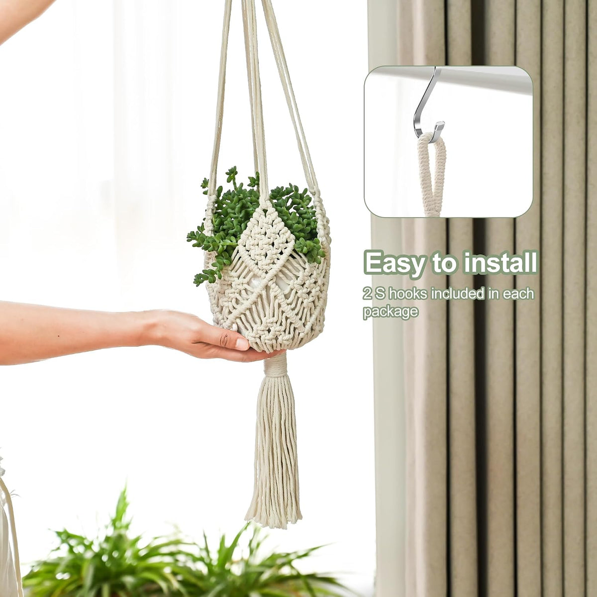 Hanging Planter with Patterns,2Packs Macrame Plant Hangers Indoor Macrame for up to 8 inch Pot Crochet Boho Plant Hanger Holder for Indoor Outdoor with 2S Shaped Stainless Steel Hooks (White)