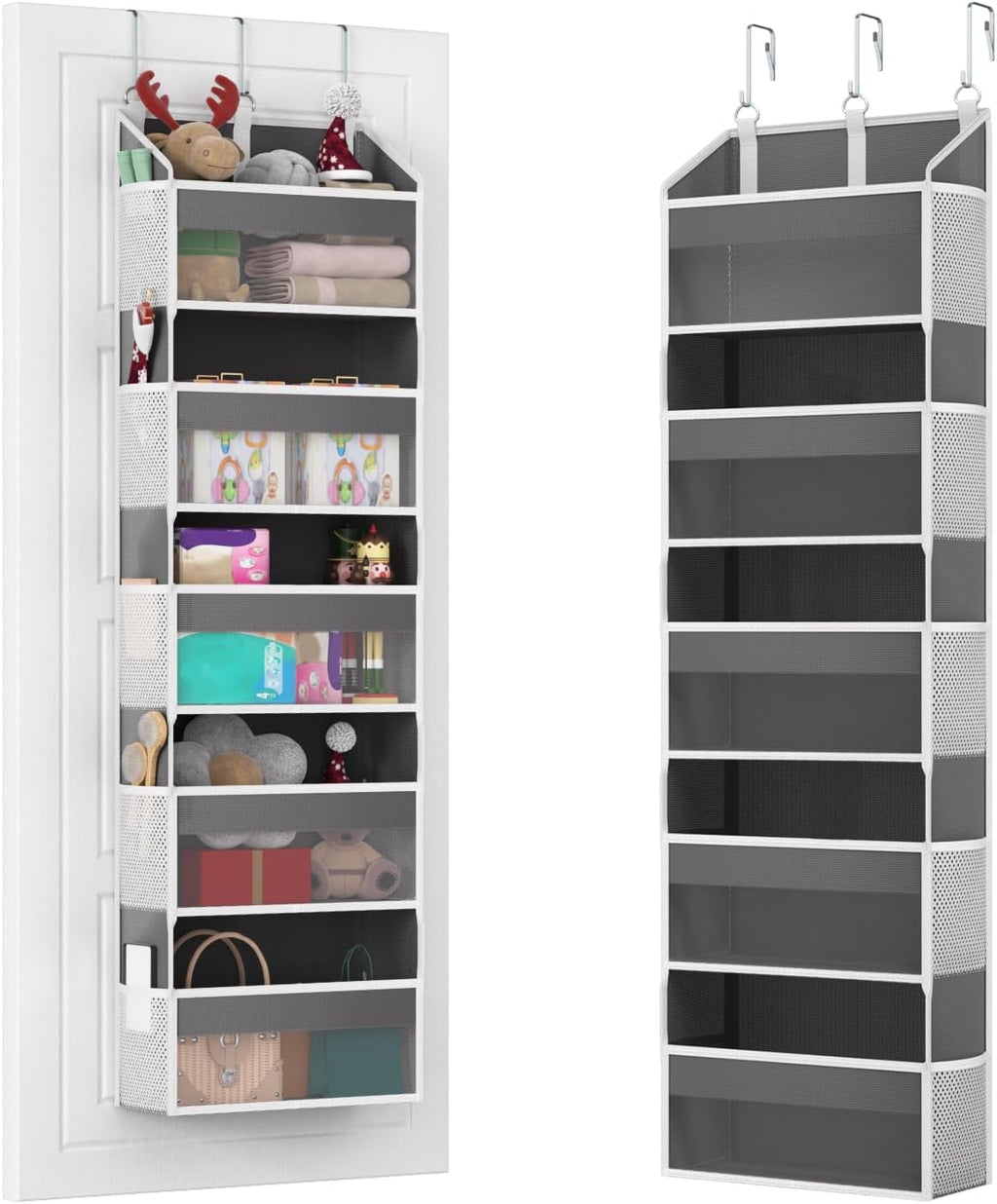 Over the Door Organizer with 5 Front & 10 MeshSide Pockets,Heavy Duty Hanging Storage Organizer 50LB Capacity Nursery & Bathroom Multi-Room Space-Saving Design with 3 Hook for Kitchen, Pantry,Grey