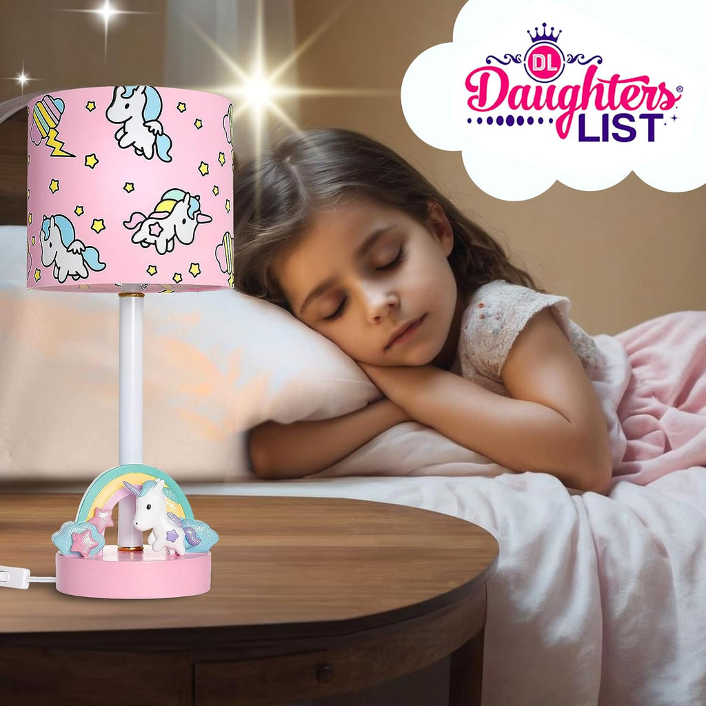 Unicorn Lamp for Girls Room | UL Listed Hand-Painted Rainbow Table Light with Pink Star Shade | Bedroom Nightstand Decor, Bulb Included