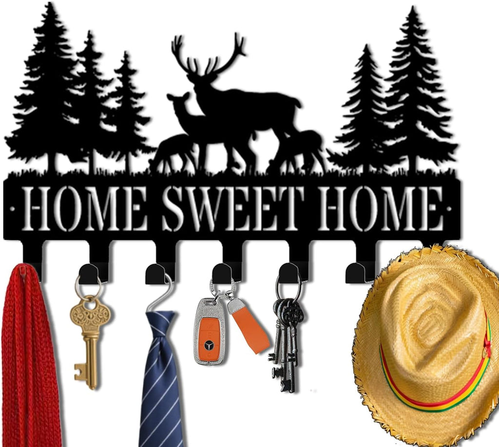 Key Holder Wall Mount, Home Sweet Home Sign, Deer Sign, Key Holder Wall for Wall Decorative with 6 Hooks, Organizer Rack Hanger for Entryway, Front Door, Hallway, Office 9.8 inches