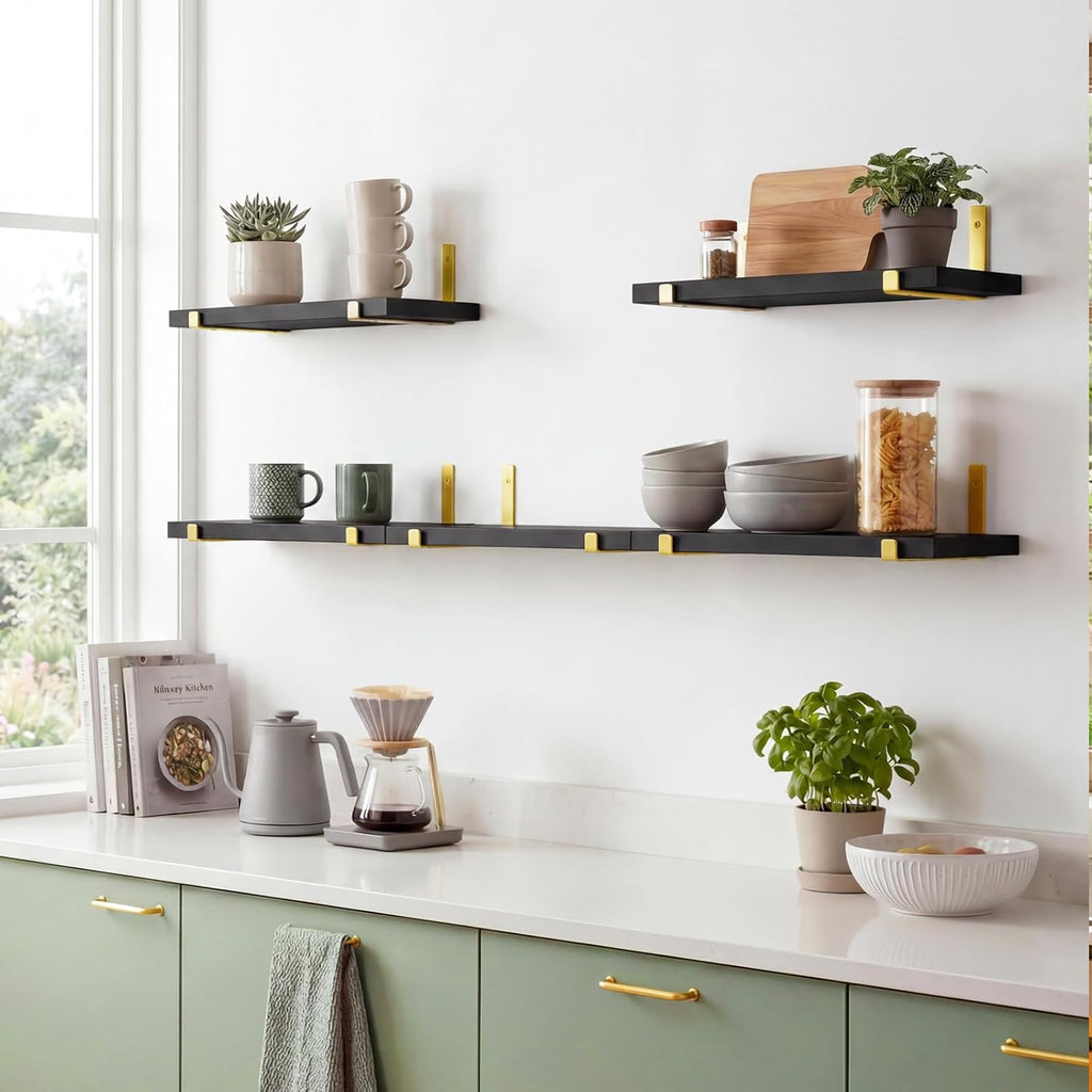 Fixwal Width 4.75 Inches Floating Wall Shelves, Set of 5, Black Gold