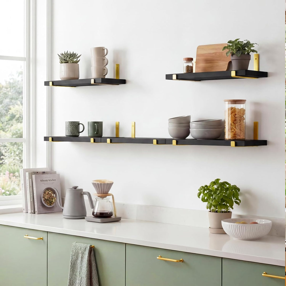Fixwal Width 4.75 Inches Floating Wall Shelves, Set of 5, Black Gold