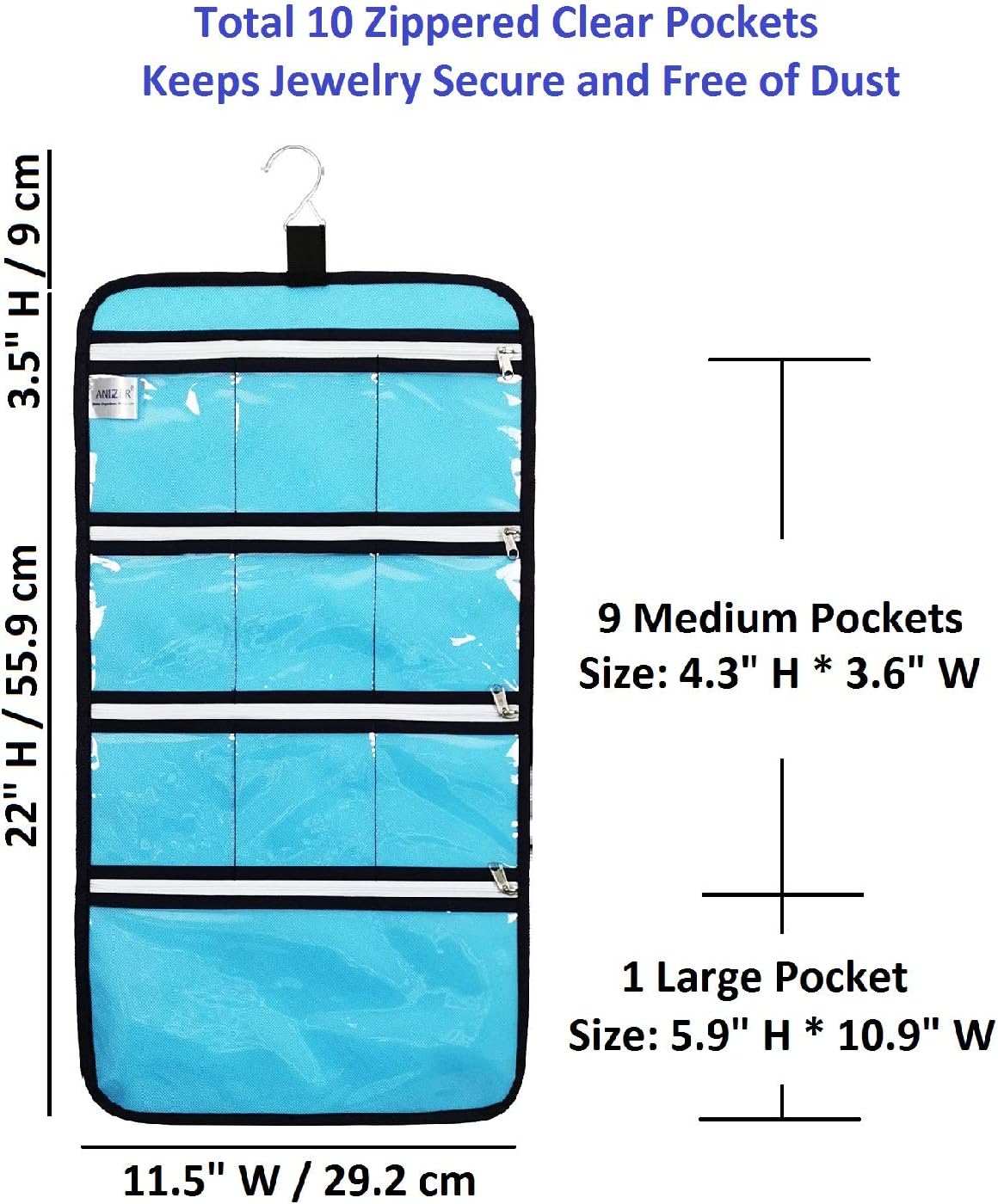 Hanging Jewelry Organizer with 10 Zippered Clear Pockets for Travel Suitcase and Home Closet Jewelry Storage Bag (BLUE)